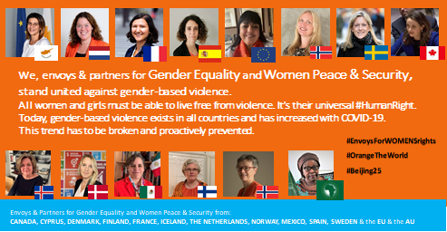 Join us in standing united against gender-based violence. 
All women & girls must be able to live free from violence. 
#envoysforwomensrights
#WomensRightsAreHumanRights 
#OrangeTheWorld 
#Beijing25 
#16Days