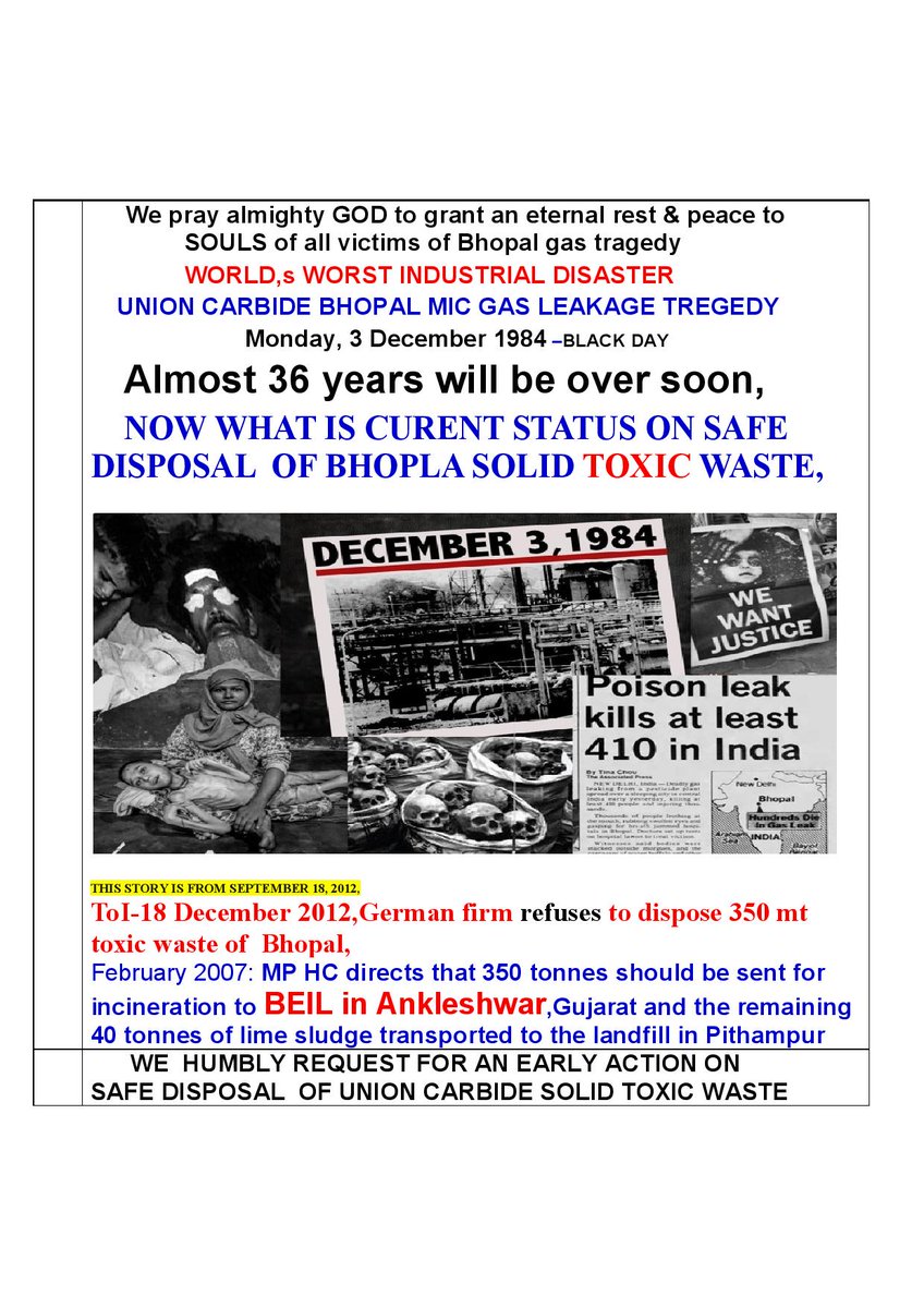 sheth_pravin's tweet image. @PMOIndia,
@moefcc,
@PrakashJavdekar,
@CPCB_OFFICIAL ,
@CollectorBhopal,
@ercmppcb,
36th Anniversary of Bhopal toxic gas tragedy,#worstdisaster,
We would appreciate,if,#MPPCB-#Bhopal,can let us know,as on date, status on,SAFE DISPOSAL OF UNION CARBIDE,BHOPAL,SOLID TOXIC WASTE.