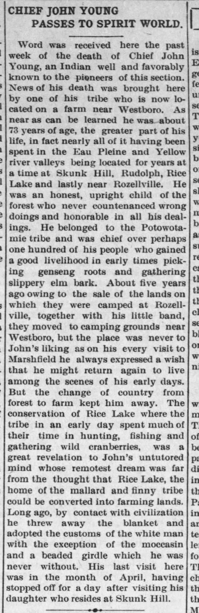 In 1910, Nsowakwet passed away and was buried there. His obituary says that he never found his new home to his liking, and always longed to return to the familiar haunts of central Wisconsin.