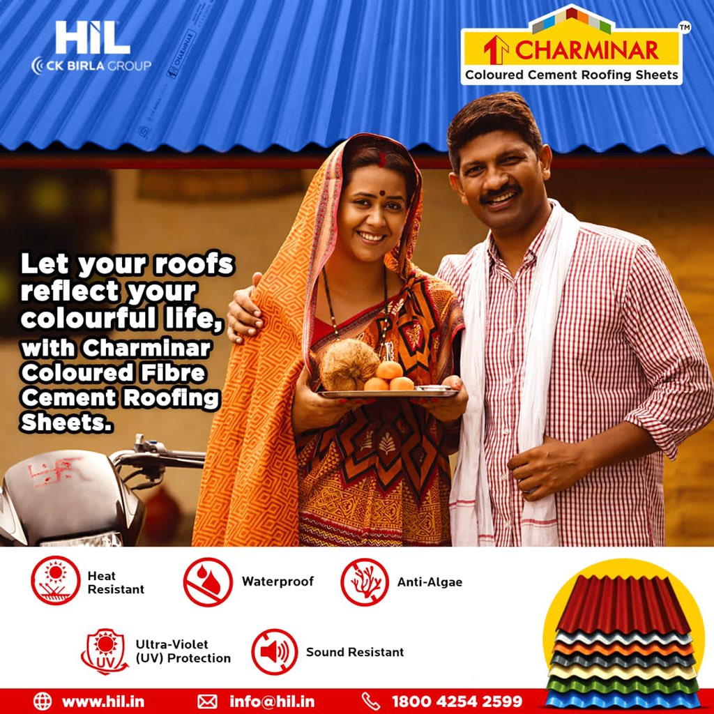 birlanu's tweet photo. Redefining beauty and colour, introducing the #Charminar Coloured Cement Roofing Sheets.
With features like sound and heat resistance, it is truly the new definition of beauty.
#CementSheets #RoofingSheets #Colourful #HeatResistance #SoundResistance #HIL #TogetherWeBuild https://t.co/jKqUBxiJEz