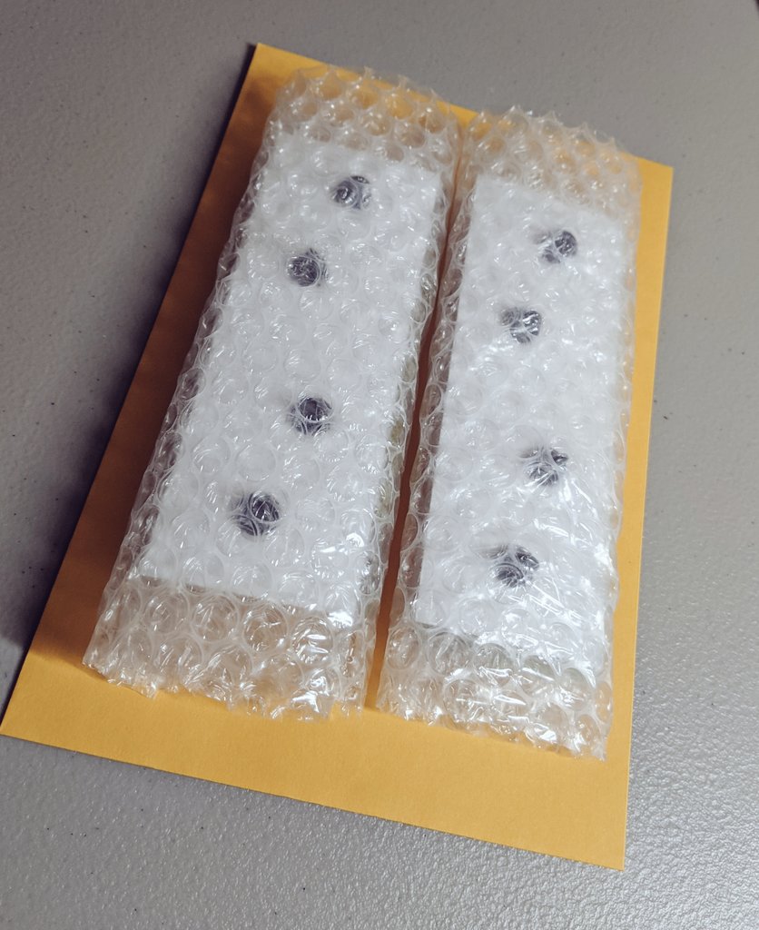 For 3-4 pins I use a larger strip of bubble wrap and nestle the backing cards together to reduce surface area before wrapping them the same way. It fits with room to spare in an 5x9 envelope. You can do 2 rows to easily fit 8 pins in a small envelope.