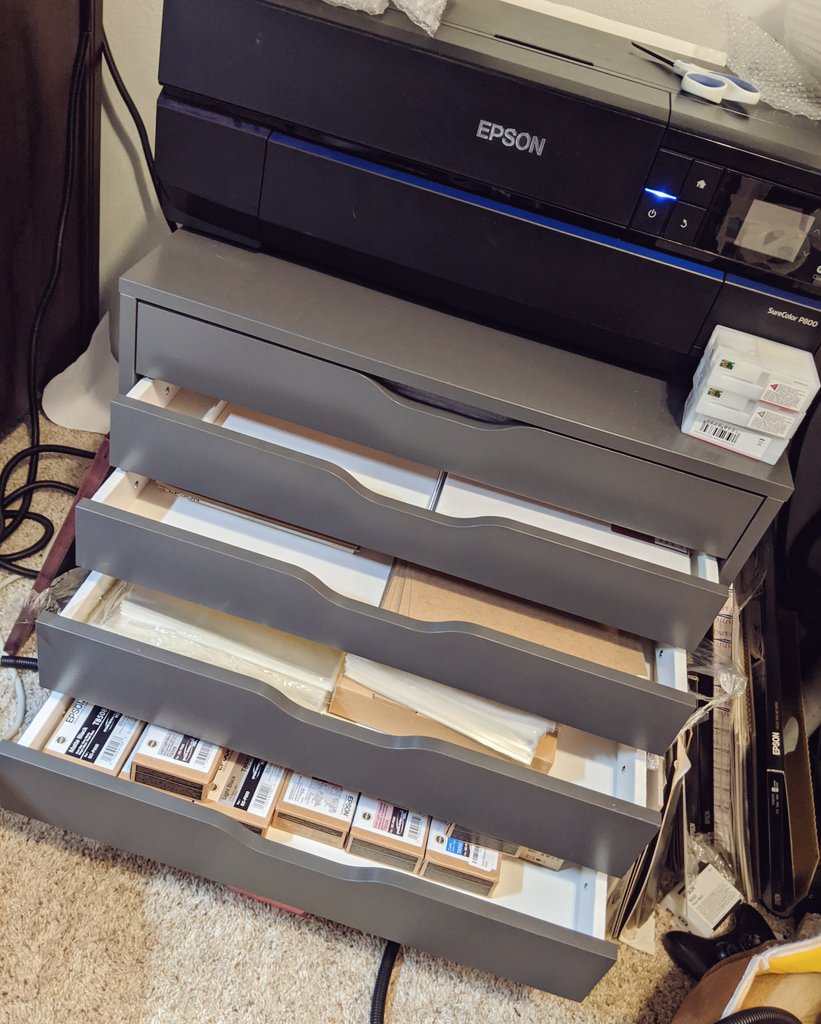 I use an Ikea organizing drawer to keep all of my print supplies in one spot! Paper, ink, and packaging materials.