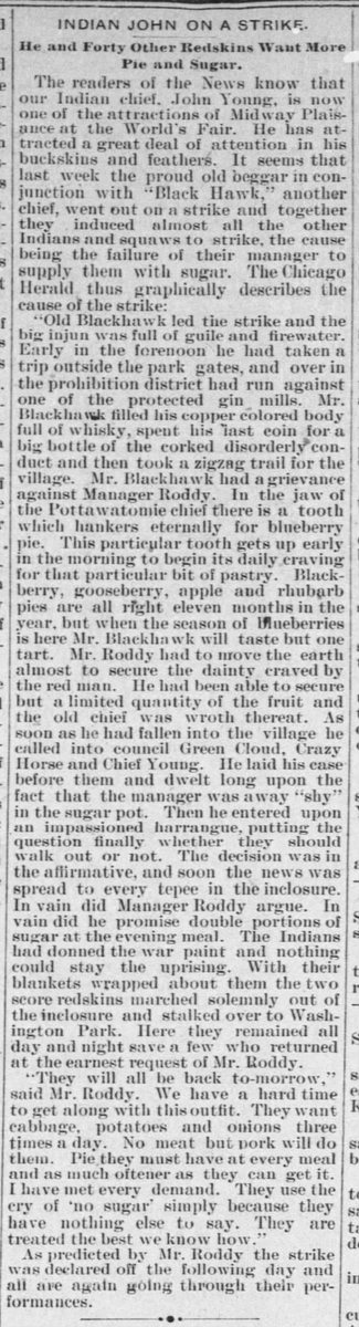 Nsowakwet was the son of Chief John Young, the Potawatomi leader much mentioned in reports of the fair for his claim that his father had named Chicago. Local papers report that the Potawatomi attempted to strike for more sugar but were unsuccessful.
