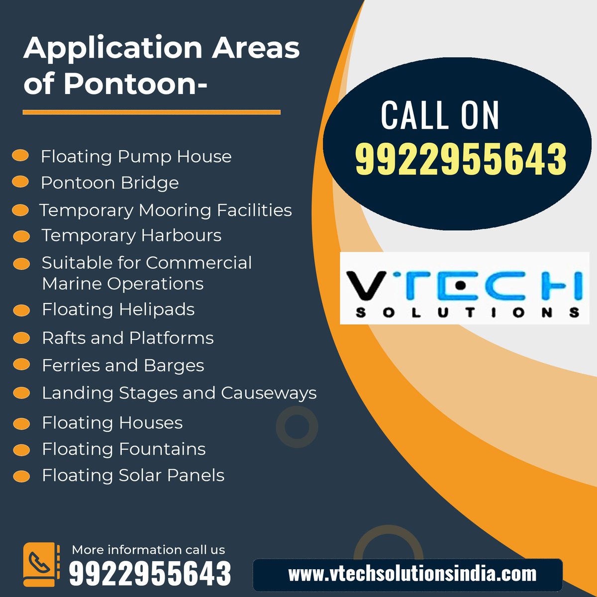 SolutionsVtech's tweet image. Application Areas of Pontoon
For free Enquiry Call Us on 9922955643
info@vtechsolutionsindia.com
vtechsolutionsindia.com
Address:- Gat No-1569, Shelar Vasti, Dehu Alandi Road, Chikhali, Pune 411062.
#VtechSolutions #Pune