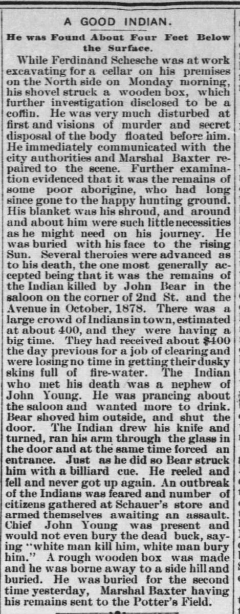 Two saloon murders of Potawatomi men are reported in the Marshfield newspaper during the time of Nsowakwet's sojourn. One occurred in 1878 in Marshfield, on the corner of 2nd Street and Central Avenue.