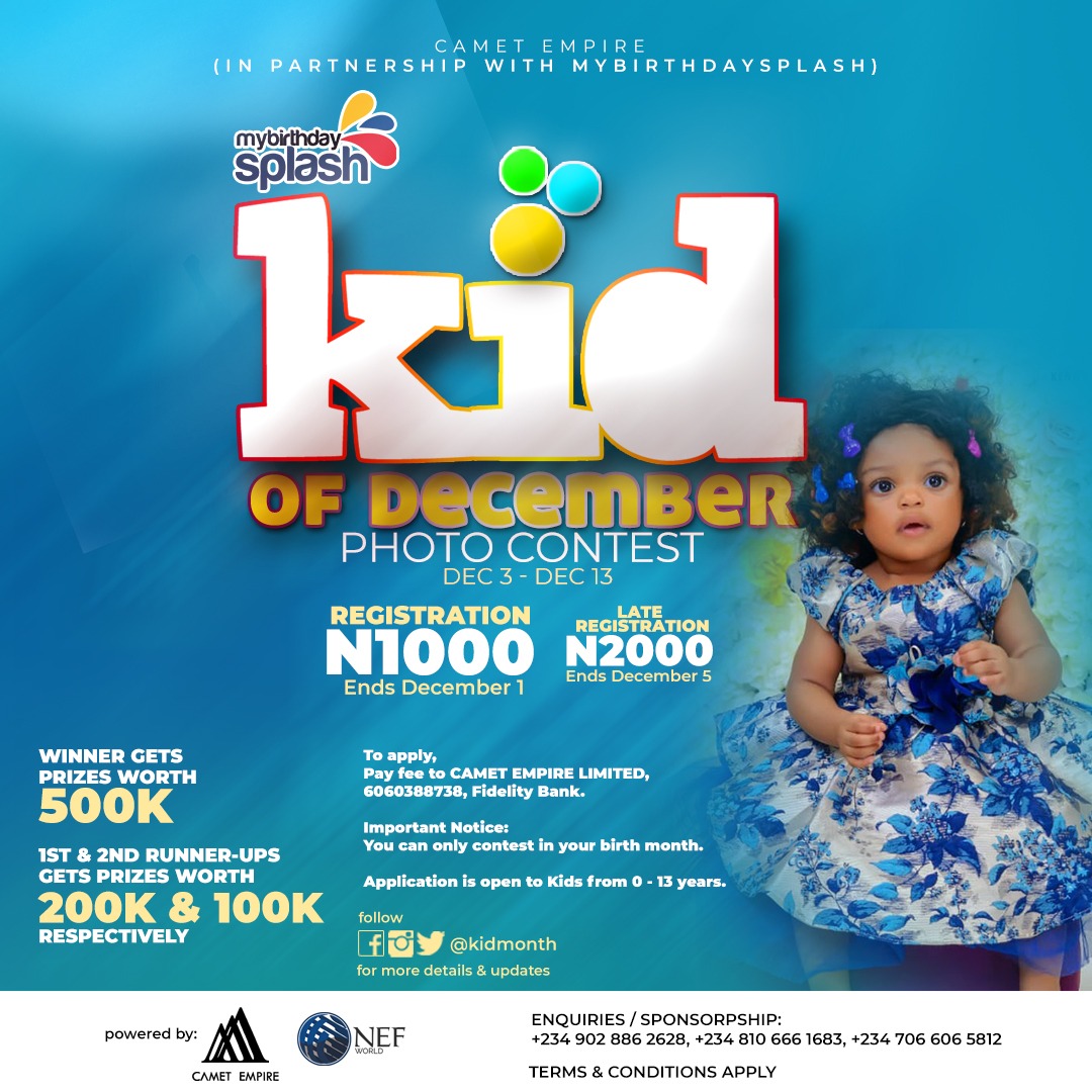 KidMonth's tweet photo. Kid of the year 2020
Stage 4

To register for other months:
Kindly pay/transfer the registration fee of 1k to:
CAMET EMPIRE LIMITED
6060388738, Fidelity Bank
 https://t.co/i8q4sKKbGp
Kindly use chrome or UC browser for registration

Enquiry - +2349028862628 https://t.co/b1NKdAV2QM