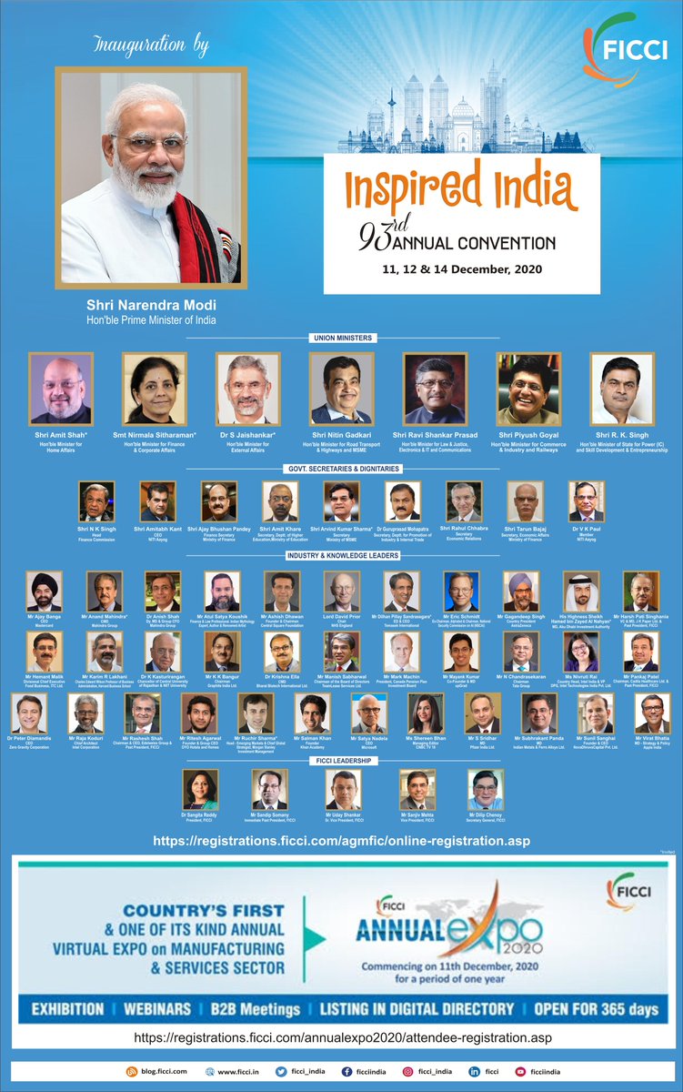 FICCI (@ficci_india) on Twitter photo Prime Minister, Mr <a href="/narendramodi/">Narendra Modi</a> will be inaugurating FICCI’s 93rd Annual Convention on the theme #InspiredIndia. Join a star-studded galaxy of speakers on 11, 12 & 14 December 2020.
Register now at registrations.ficci.com/agmfic/online-…
#FICCIAGM Prime Minister, Mr <a href="/narendramodi/">Narendra Modi</a> will be inaugurating FICCI’s 93rd Annual Convention on the theme #InspiredIndia. Join a star-studded galaxy of speakers on 11, 12 & 14 December 2020.
Register now at registrations.ficci.com/agmfic/online-…
#FICCIAGM