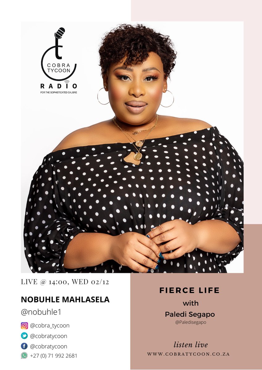 Catch the gorgeous Nobuhle Mahlasela .<a href="/nobuhle1/">NobuhleMimiMahlasela</a> on fierce life with.<a href="/PalediSegapo/">Paledi Segapo II</a> this afternoon at 14:00 
Cobratycoon.co.za 
#16DaysofActivism2020