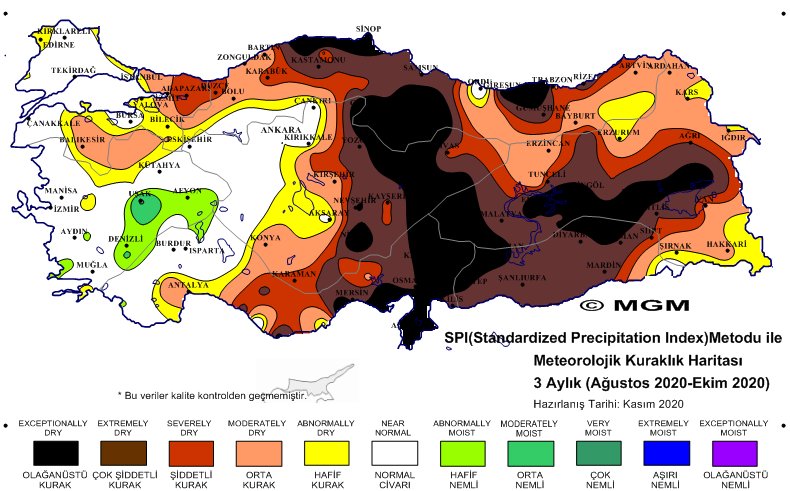 Son üç aylık verilere göre ülkemizin geniş kısmında şiddetli kuraklık gözüküyor. Ekim ayı yağışları normalin % 58 altında oldu. Su tasarrufuna önem verelim.