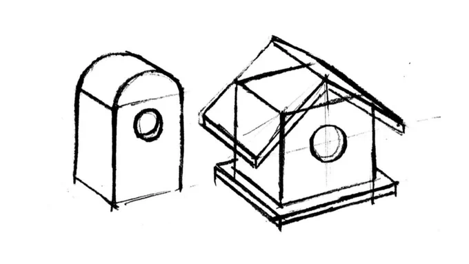 鳥の巣箱想像で描いたら全然違った(左) 