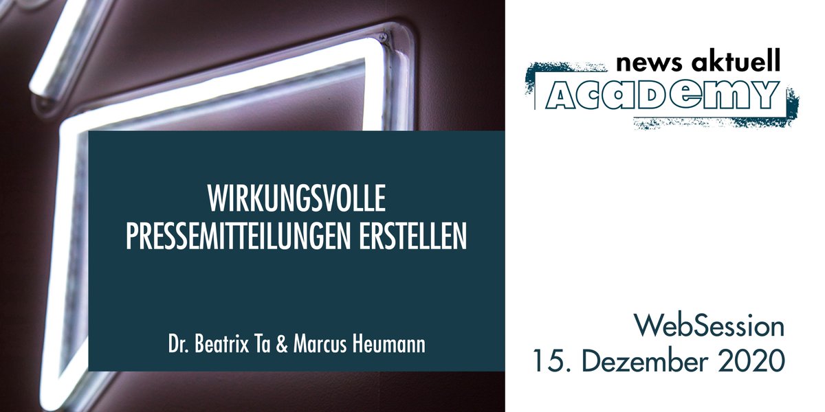 Für PR-Profis sollte es ein Leichtes sein, vernünftige Pressemitteilungen zu schreiben. Dass oft das Gegenteil der Fall ist, sehen wir <a href="/newsaktuell/">newsaktuell</a> fast täglich. Zeit, es besser zu machen! <a href="/beatrix_ta/">Beatrix Ta</a> und ich zeigen am kommenden Dienstag, wie das geht.
newsaktuell.de/academy/wirkun…