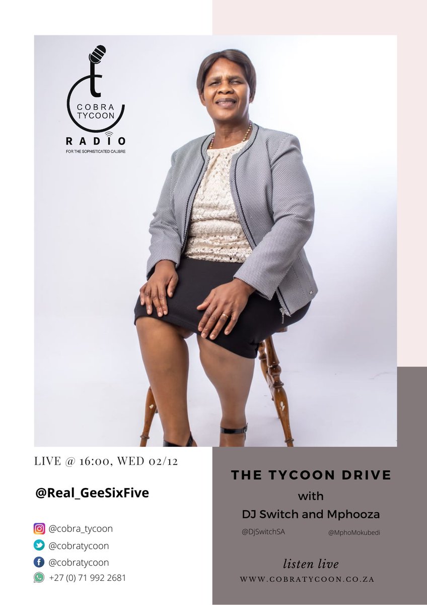 Abo bani laba Bantu? 🕺🏽🕺🏽🕺🏽 join us today as we talk to @official_geesixfive  on THE TYCOON DRIVE with .<a href="/mphoMokubedi/">Mpho Mokubedi</a> and .DjSwitchSA 🕺🏽🕺🏽🕺🏽🕺🏽Cobratycoon.co.za 
#16DaysofActivism2020