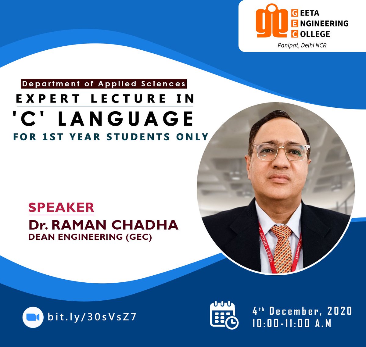 ggiindia's tweet image. Applied Science Department, Geeta Engineering College is going to organize an Expert Lecture in 'C' Programming Language.
Dr. Raman Chadha, Dean Engineering, Geeta Engineering College will be the Keynote Speaker.
#cprogramming #clanguage #popularprogramminglanguages #cse #cseit