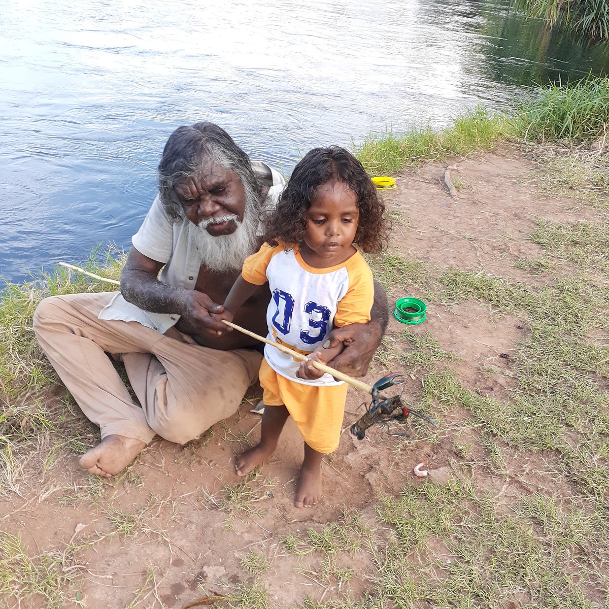 The Miriwoong Word of the Week is Miljib. In English, it means 'to be teaching'. Joolama miljib ginayin-ni Gerray wajamab-gerring gilgi-geny. Joolama is teaching Gerray to fish for freshwater prawns.