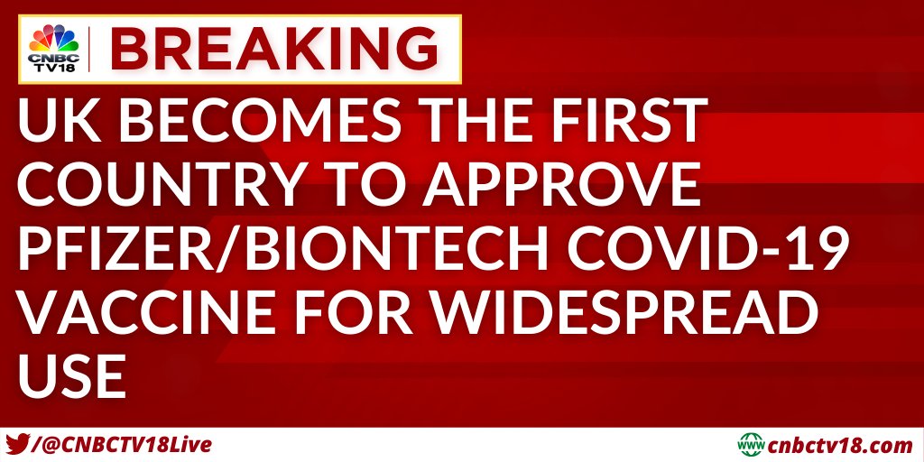 CNBCTV18Live's tweet photo. UK becomes the first country to approve the Pfizer/BioNTech #COVID-19 vaccine for widespread use https://t.co/VSlHQ2IPcp