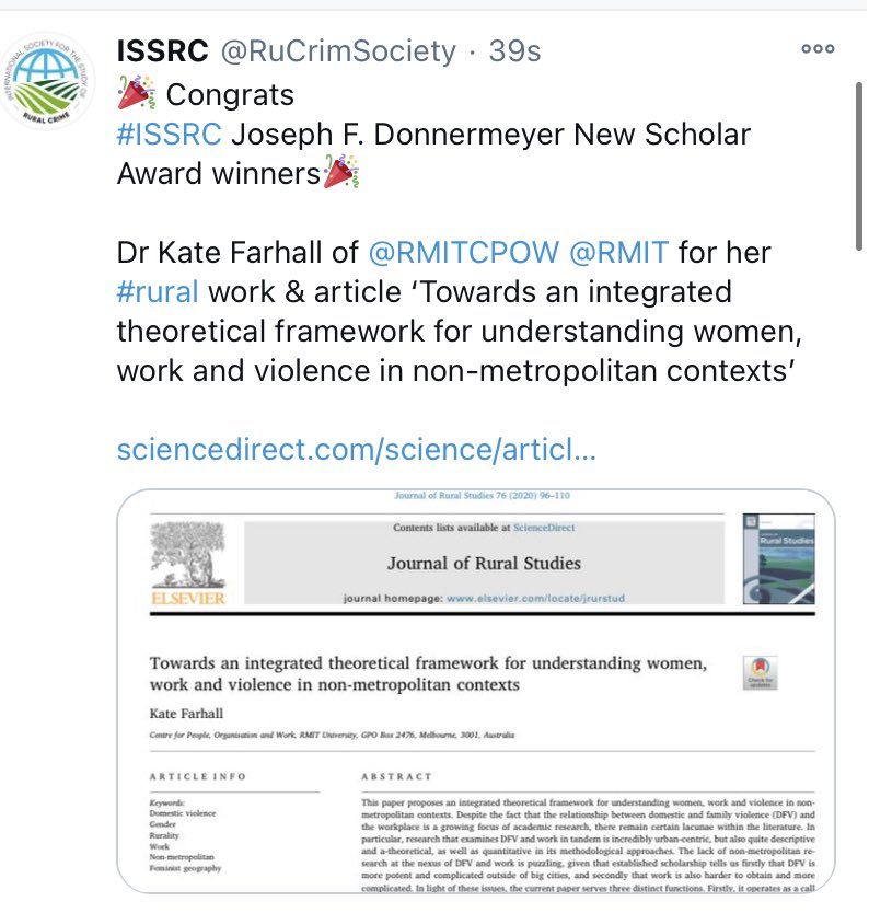 RuCrimSociety's tweet photo. It was an honour to read all inaugural #ISSRC Joseph F. Donnermeyer New Scholar Award applications, named after &amp; acknowledging our President @RuralCrime1’s work &amp; mentoring of ECRs

We look forward to following &amp; supporting everyone’s #rural work &amp; congratulations Willem &amp; Kate! https://t.co/4WzKCT1ec8