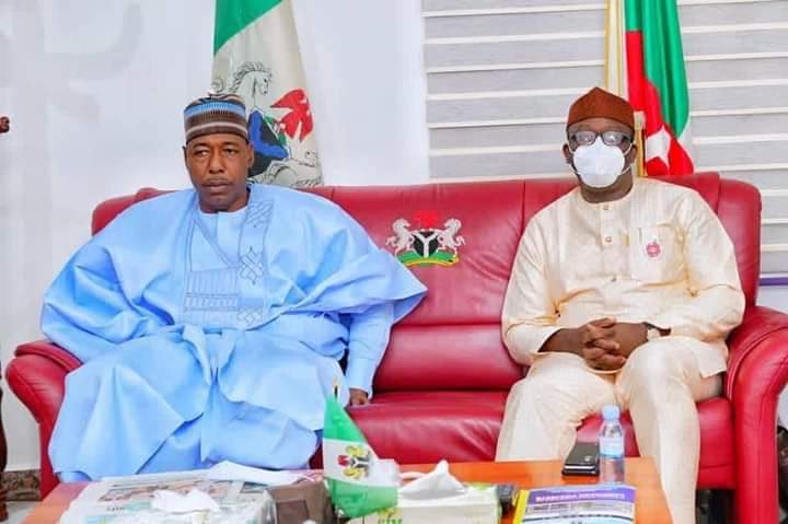 TheresaTekenah's tweet photo. Kebbi State Governor and the Chairman of Progressives Governors' Forum (PGF), Sen Abubakar Atiku Bagudu on Tuesday visited Borno State to condole with Gov @ProfZulum and people of the State over the recent gruesome murder of 43 farmers by insurgents. https://t.co/W6to06UqB2