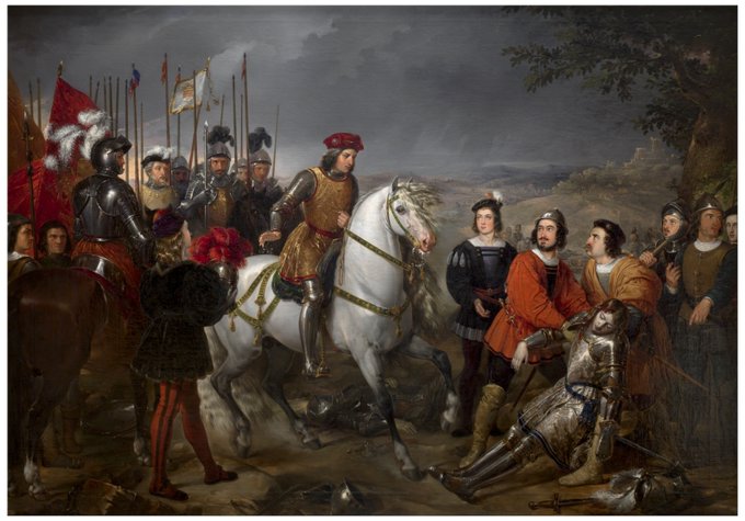 Los franceses que llegaron a la primera línea fueron rechazados por los piqueros. Para terminar la caballería española rodeo a los franceses y los obligó a rendirse. En este cuadro de Federico de Madrazo se representa al Gran Capitán contemplando el cadáver del general francés.