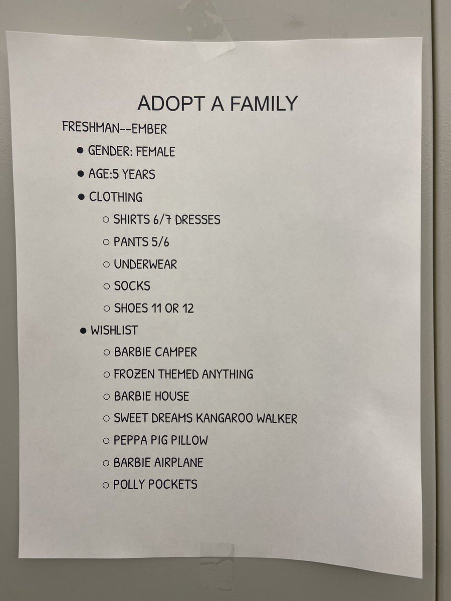 fchsstudents_'s tweet photo. Here are the Adopt A Family lists for each grade— please donate an item or money if you can! https://t.co/2hlQgmMRNo