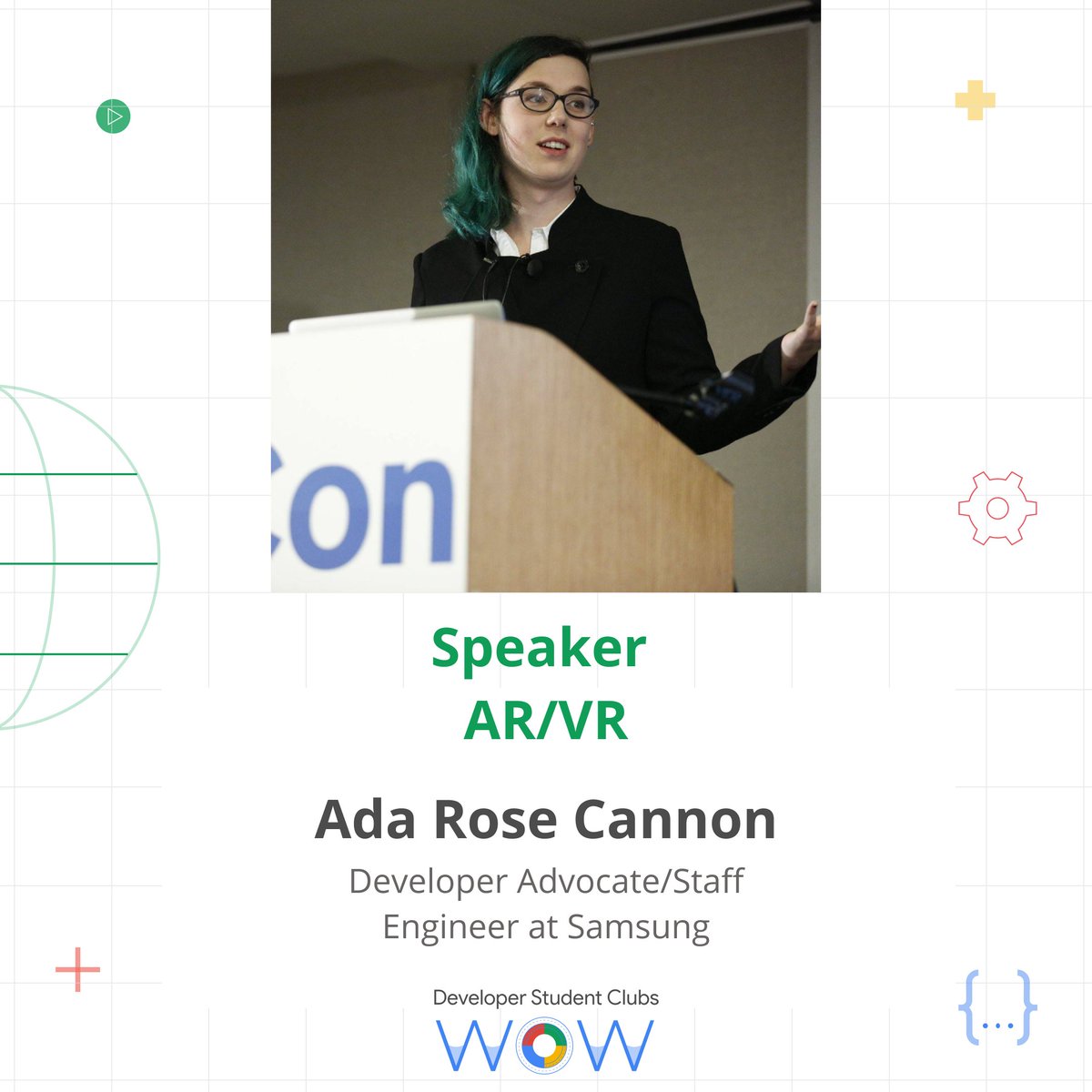 Let us take a moment to introduce @Lady_Ada_King, our speaker for the #ar #vr session 👾 

She is a Developer Advocate for @samsunginternet and co-chair @w3c #WebXR groups 🔥🔥

Looking forward to some super 🆒 stuff 😎😎

#letswow #developerstudentclubs #dsc #googledevelopers
