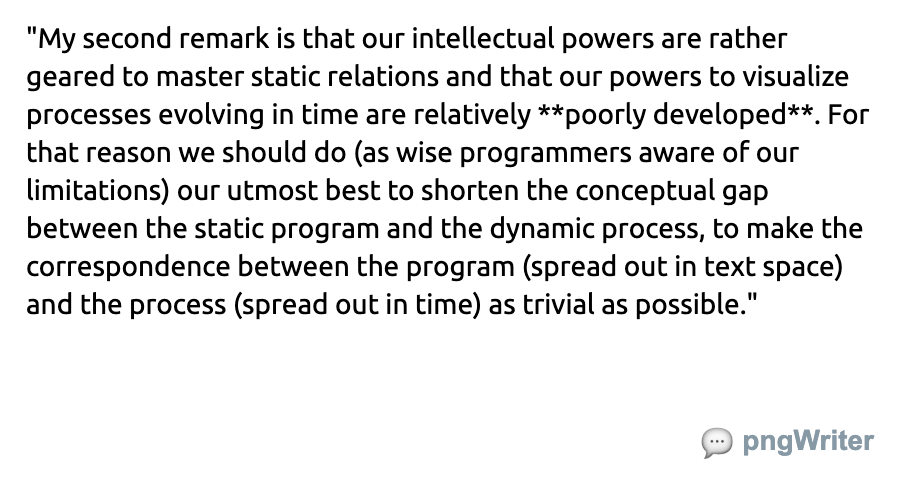 luc4leone's tweet photo. Comparing imperative vs declarative programming @mjackson cited Dijkstra. Guess: interaction design is difficult because it includes time (contrast it with graphics). Wondering if there is a corresponding idea of declarative code in design... #pngWriter https://t.co/0O2wmHxear