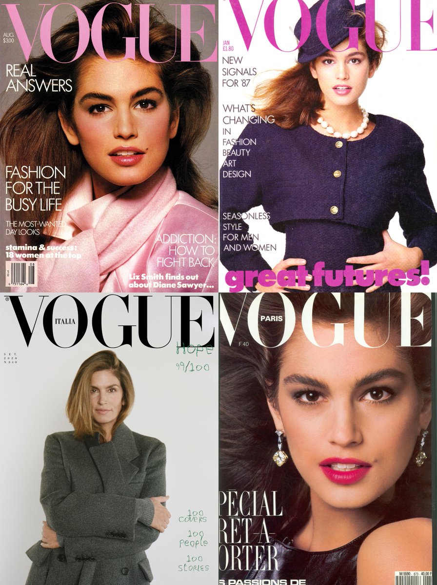 The model who took the longest time to complete was Cindy Crawford, 34 years later. Her first US cover came in 1986, when she was 20. The last, Vogue Italia, came on September, 2020.