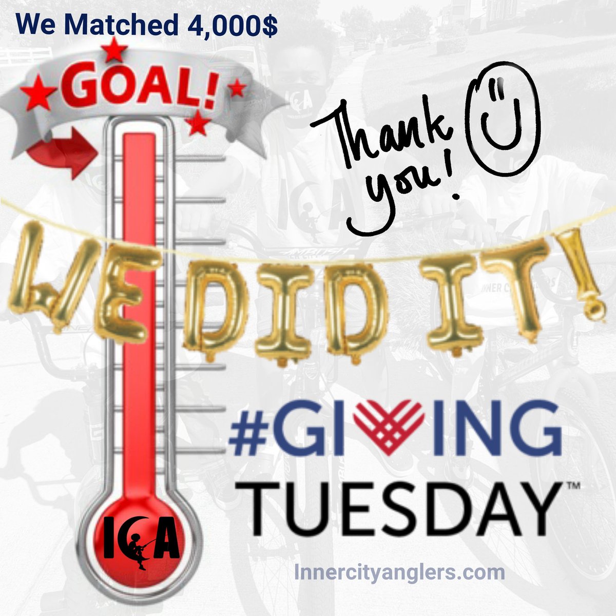 Thanks to a generous anonymous donor, DECEMBER 1, 2020 your donation to ICA will be DOUBLED! We need your help to reach our match goal of $4,000. Donate now Innercityanglers.com 

WE DID IT THANK YOU DONORS!!!!!!!!!!!!

#GivingTuesday2020