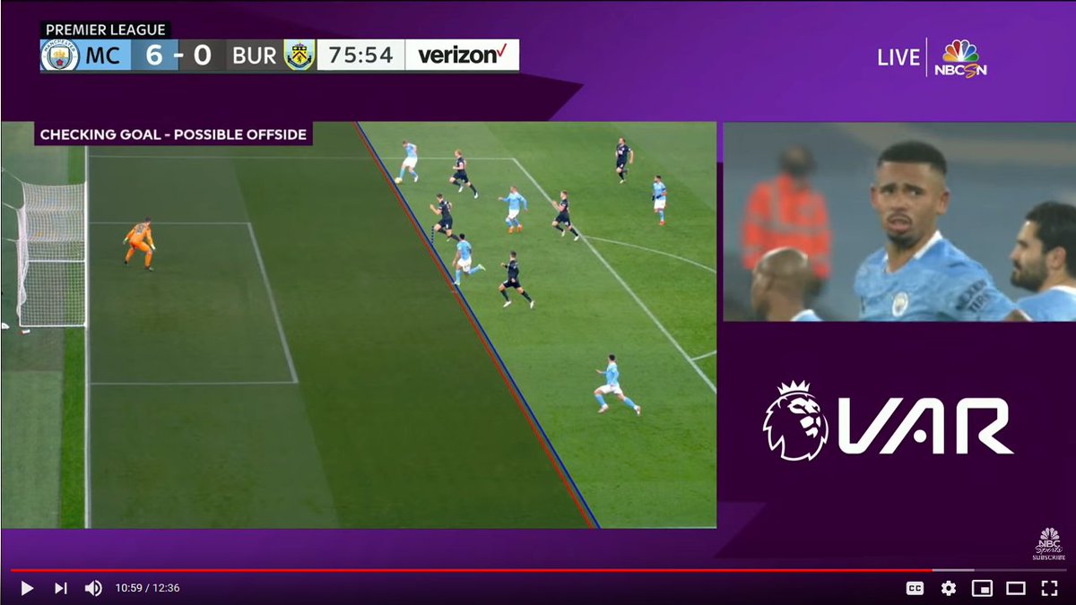 Man City v Burnley (Nov. 28)Bailey Peacock-Farrell own goal disallowed for offside in the build-up against Gabriel Jesus, 77th minute (5-0)VAR DECISION: OffsideWITH MARGIN OF ERROR: OffsideGoal remains disallowed. Lines do not touch.