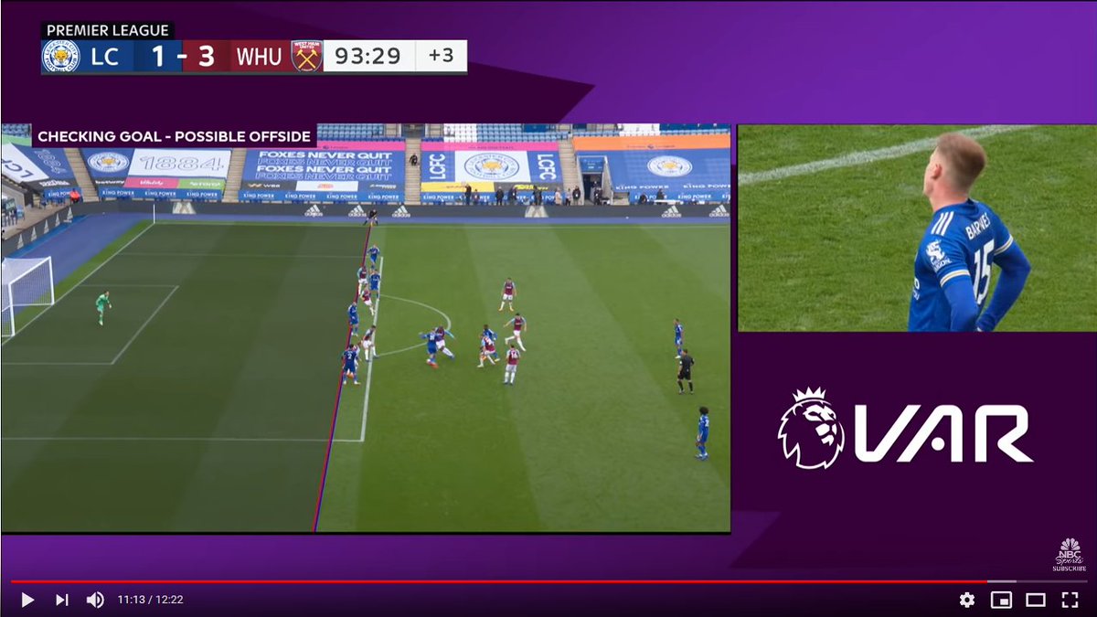 Leicester v West Ham (Oct. 4)Jamie Vardy offside in build-up to Harvey Barnes goal, 90th minute (0-3)VAR DECISION: OffsideWITH MARGIN OF ERROR: Onside Final result unaffected.