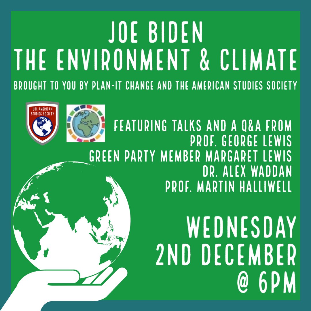Join us and <a href="/planitchangeuol/">Plan-It Change</a> tonight at 6.00pm for a virtual discussion surrounding what <a href="/JoeBiden/">Joe Biden</a>'s election means for the environment and climate.

Featuring talks from <a href="/AmStudiesUoL/">American Studies at Leicester</a> staff &amp; a guest speaker from <a href="/LeicsGreenParty/">Leicester Green Party</a> 🌎

Link to event 👇🏻
linktr.ee/uol_amstsoc