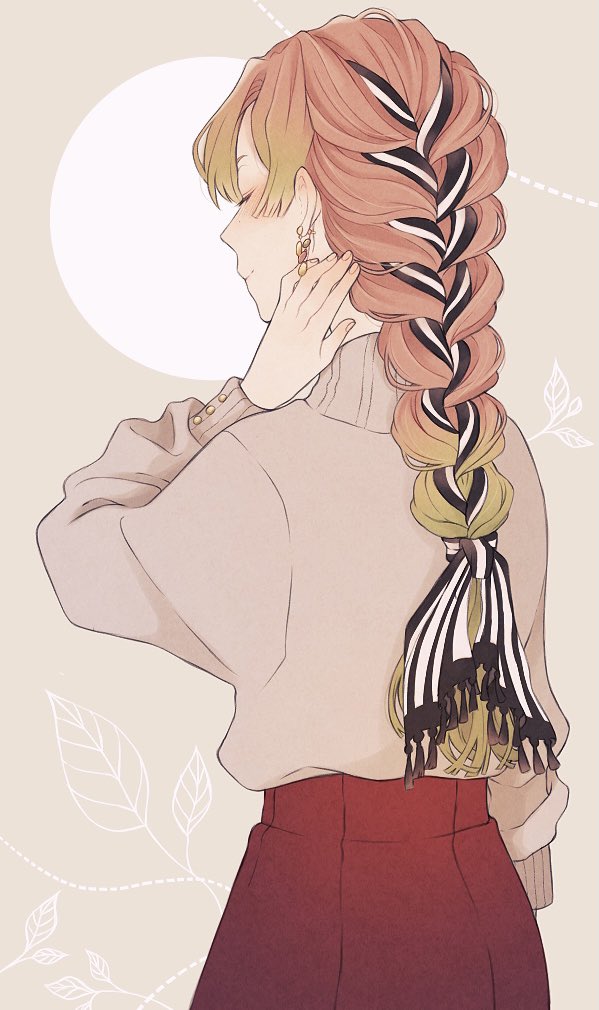 kanroji mitsuri 1girl braid solo earrings closed eyes skirt jewelry  illustration images