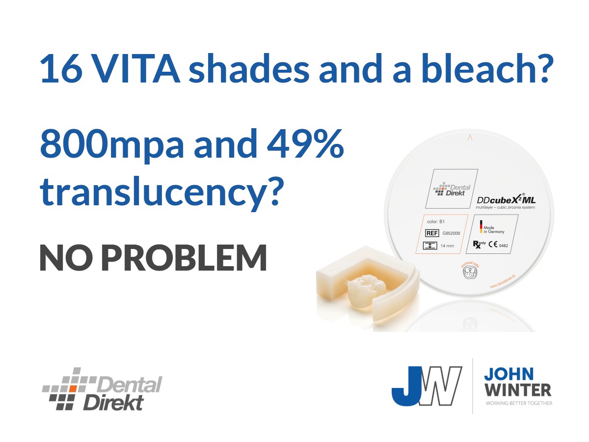 Our Dental Direkt DDCubeX2 ML is super translucent and is now available in 16 VITA shades and a bleach. Call 01422 364 213 to order now. #dentaldirekt #dentalzirconia #dentallab #dentallaboratory