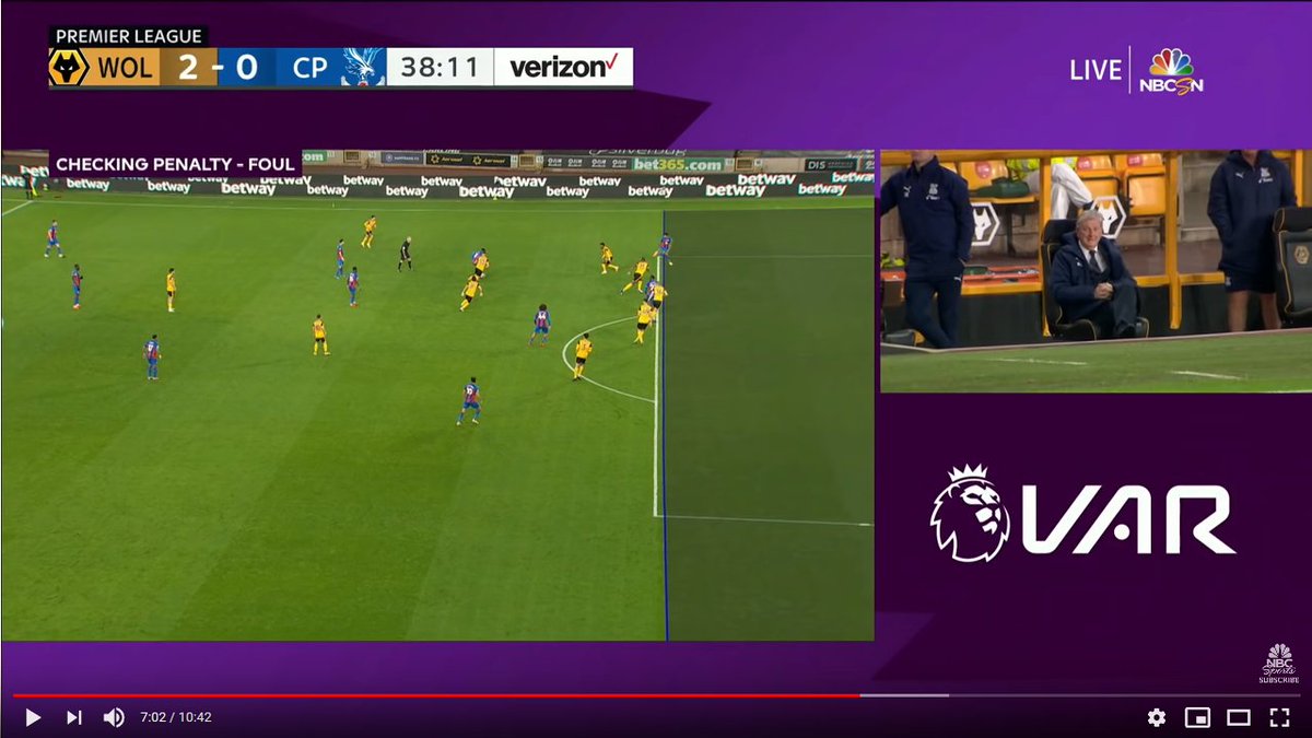 Wolves v Crystal Palace (Oct. 30)Penalty for Crystal Palace cancelled for offside against Patrick van Aanholt, 38th minute (Wolves 2-0)VAR DECISION: OffsideWITH MARGIN OF ERROR: OffsideClear offside, full calibration not required.