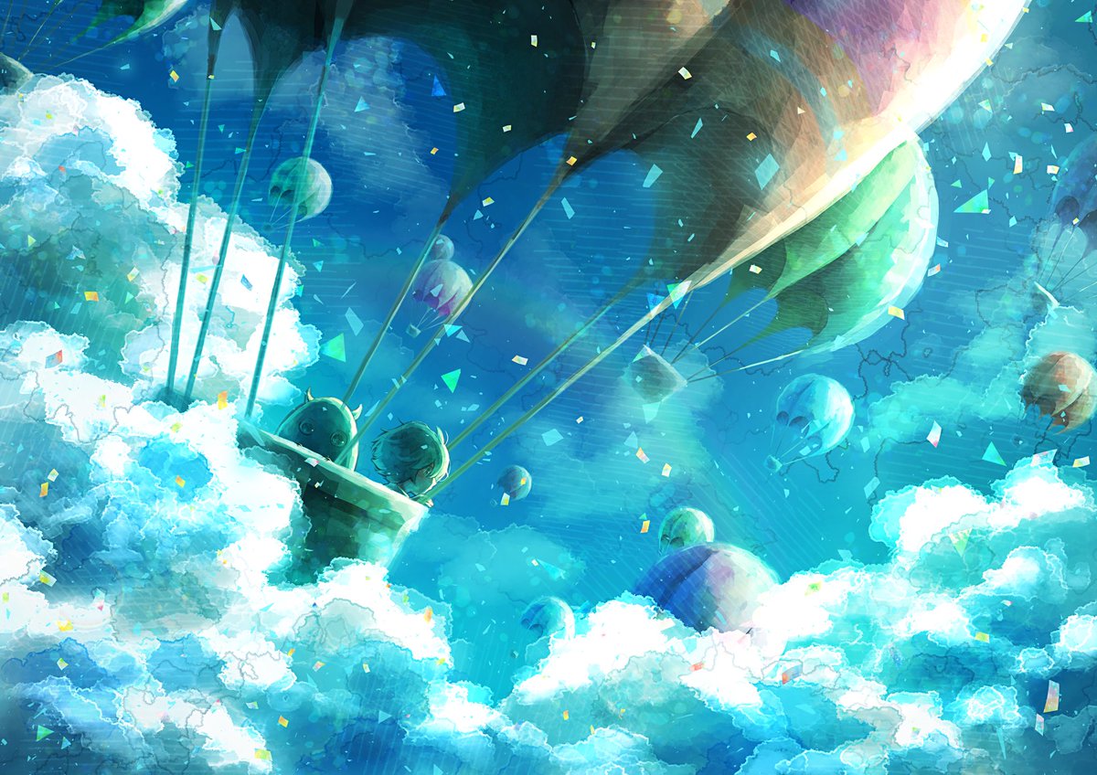 cloud balloon sky confetti 1boy short hair  illustration images
