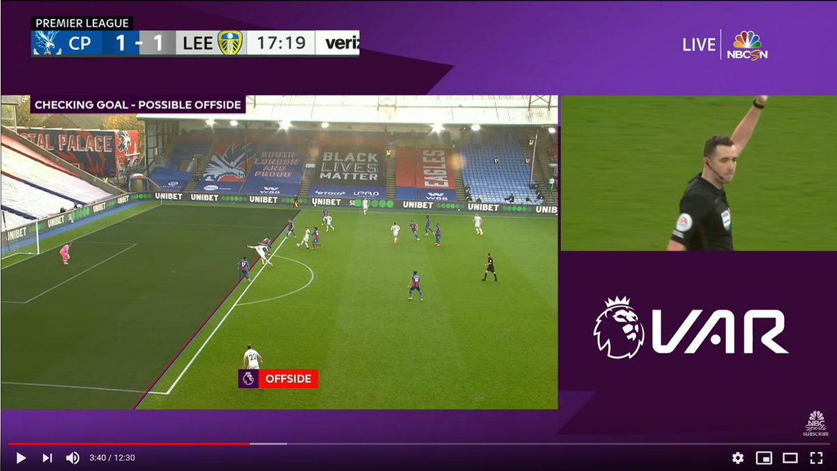 Crystal Palace v Leeds (Nov. 7)Patrick Bamford goal disallowed for offside, 19th minute (1-0, finished 4-1)VAR DECISION: OffsideWITH MARGIN OF ERROR: OnsideEarly in game so possible result changer.