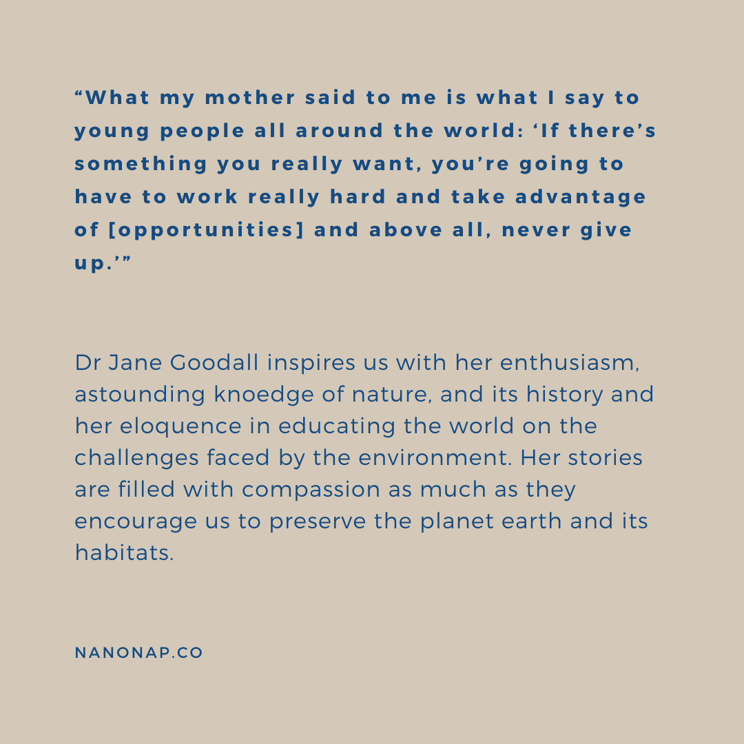 nanonapco's tweet photo. Dr @JaneGoodallInst has compassion to change perspectives. She saw the disconnection between the clever mind and the human heart, and thus attempts to make people think about the future generations. Not only that, Dr Goodall draws attention to animal rights. https://t.co/AF9kxcB7eq