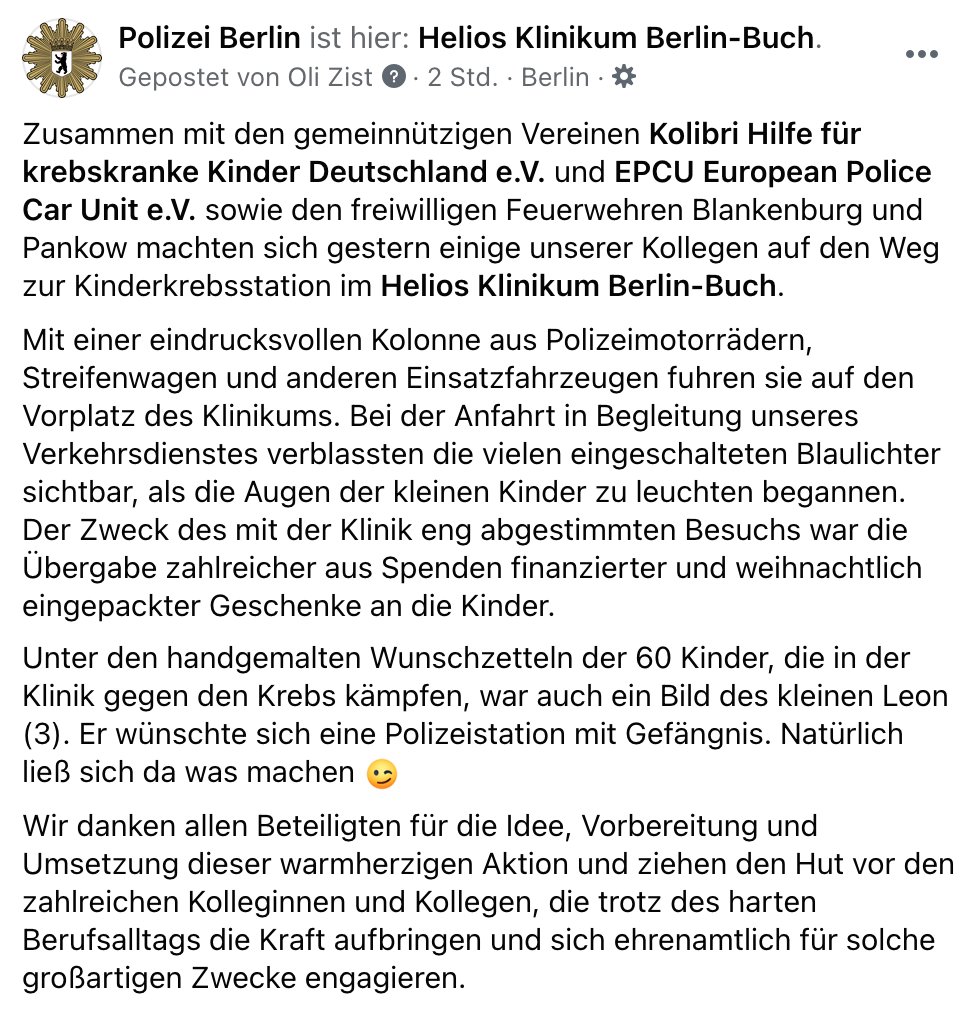 polizeiberlin's tweet photo. Wenn Leon (3) für den Kampf gegen Krebs eine Polizeistation mit Gefängnis braucht, dann rufst du deine Kolleg. vom Verein EuropeanPoliceCarUnit zusammen, fährst mit 🚔🚨Blaulicht ins Krankenhaus und bringst gefälligst ein paar Kinderaugen zum Leuchten.
So will es das Gesetz.
^tsm https://t.co/XJYn6jeinK