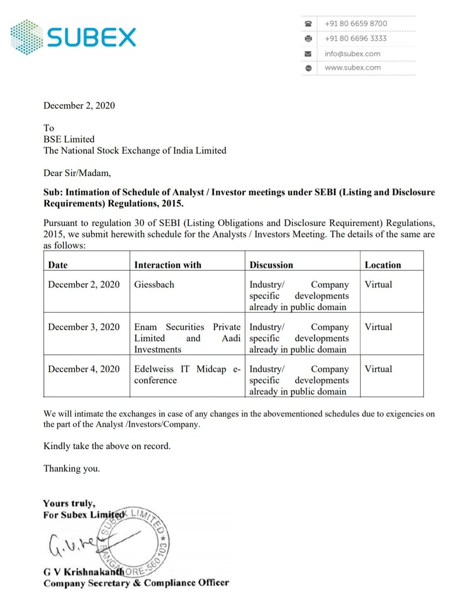  #Subex - Intimation of Schedule of Analyst / Investor meetings - Some good meetings have been lined up this week, stock is making the right noise! 