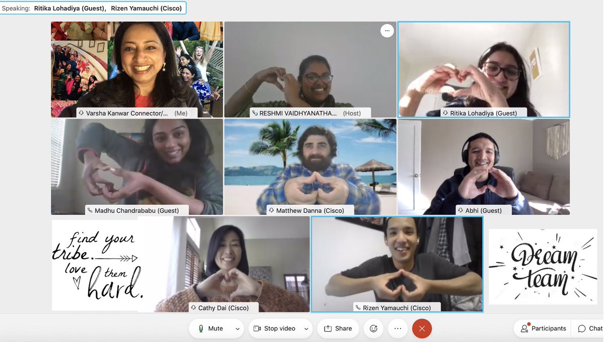 VarshaKanwar's tweet photo. Power of Teams and #WeAreCisco spirit ❤️ in action ... we all met as #Cisconians 9 yrs back and continue to stay connected across boundaries of different roles, organizations and even companies. Thank you @madhunat @reshukumar for organizing a heartwarming farewell @Webex. https://t.co/ahjmrqxhPE