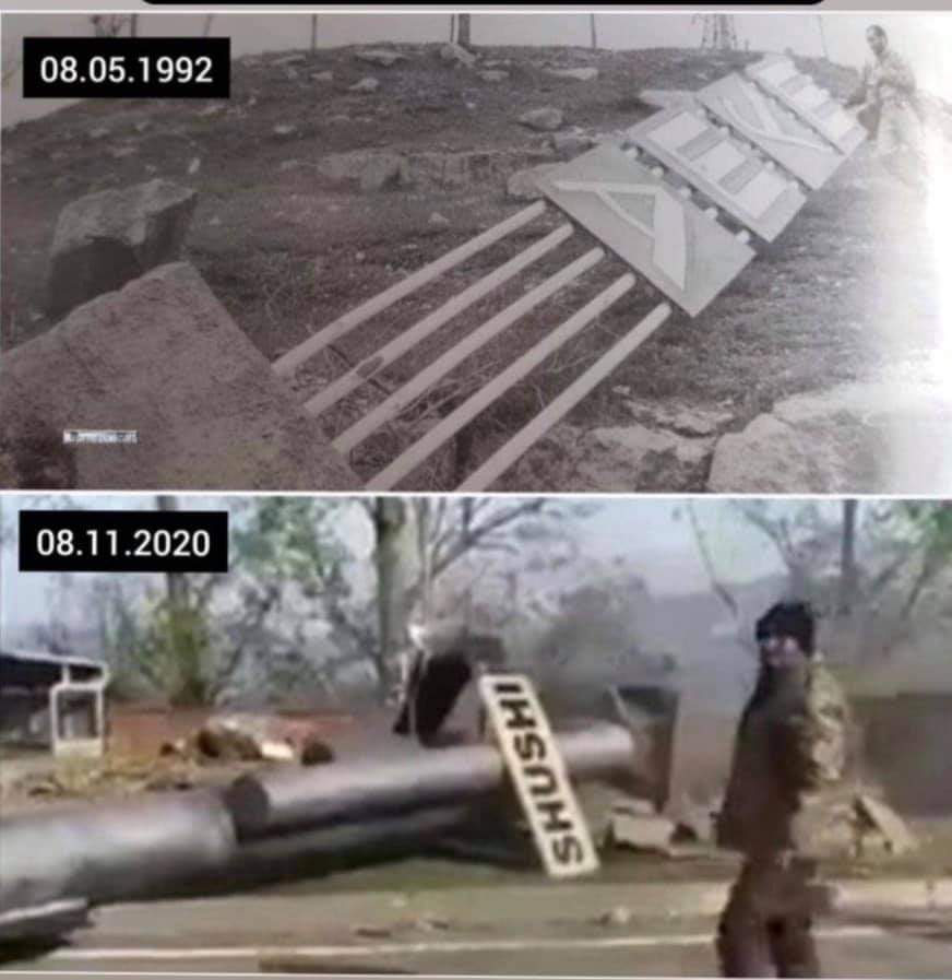 More proof about the Azerbaijanis simply copying Armenian trends as part of the actual conflict, war of narratives/myths/rhetoric and action: 1) Destroying the Shusha sign