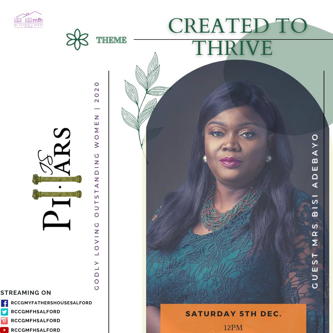 RCCGMFHSalford's tweet photo. His-Pillars #GLOW2.0
Theme: Created to Thrive 1John 5:4
Guest Mrs Bisi Adebayo @thebisiadebayo
.
#Host Pastor Sarah Okodoa
Lead Pastor RCCGMFHSalford
Dates: 5th. Dec, 2020. 12pm online via #Facebook #YouTube and #Zoom https://t.co/yVfO17eRgN