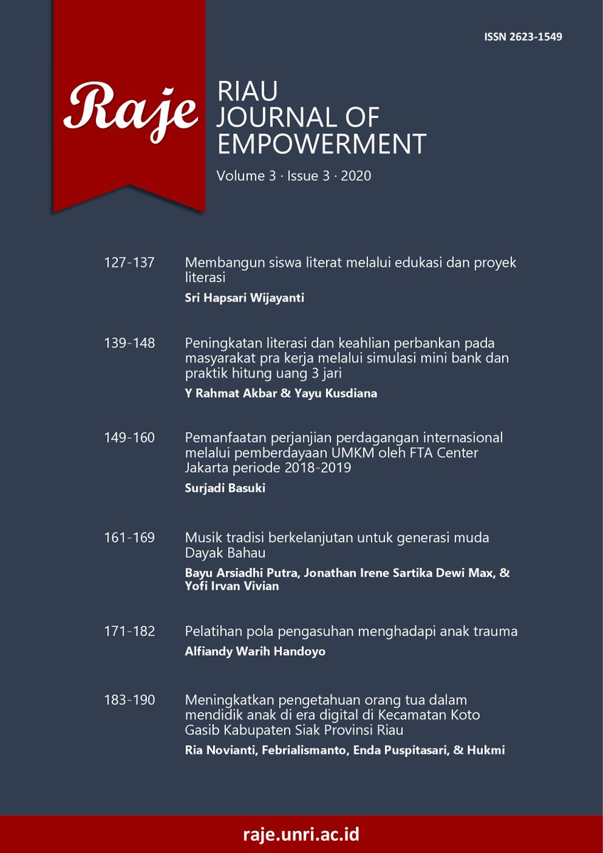 RajeJournal's tweet photo. Riau Journal of Empowerment menerbitkan edisi Desember 2020, Volume 3, Nomor 3. Edisi ini memuat artikel-artikel pemberdayaan masyarakat #Indonesia dari Sumatera, Jawa, dan Kalimantan.

Baca artikel #OpenAccess-nya pada website jurnal https://t.co/qNM7SYdjlb https://t.co/q0Wtij9Y2b