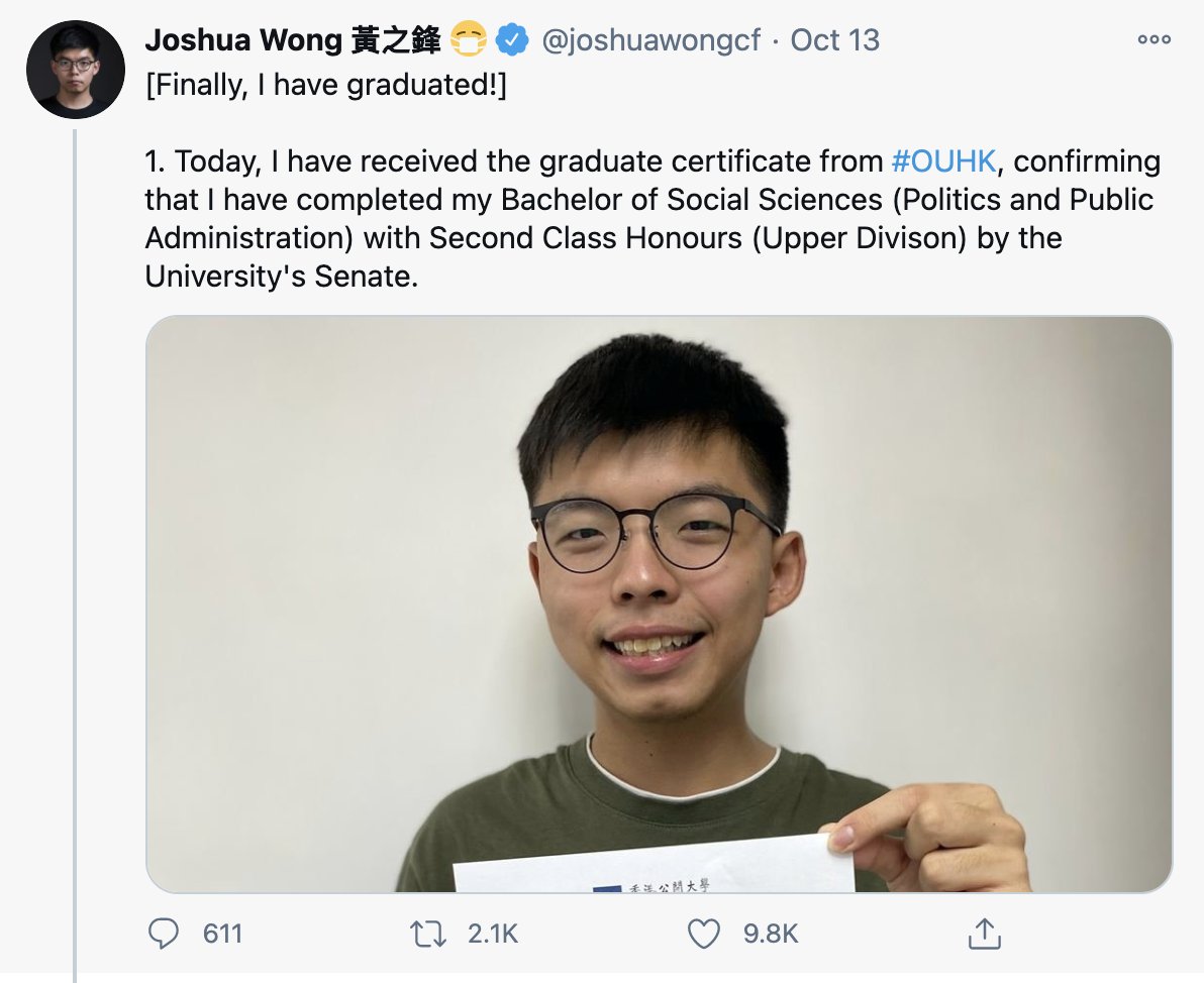 yuenok's tweet photo. Thinking of how Joshua Wong &amp; Agnes Chow's paths tell a bigger story about their generation in Hong Kong. Weeks ago they both proudly announced having finally graduated from college/attended their ceremony (after years of juggling activism w. their studies). Today they go to jail https://t.co/FOJlL6chz8