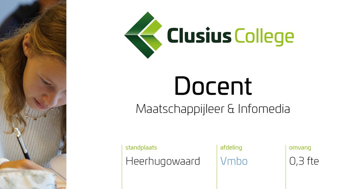 Vacature // Docent Maatschappijleer &amp; Infomedia 
Op onze vestiging in Heerhugowaard is bovenstaande vacature beschikbaar. Wil jij werken in een inspirerende omgeving op een kleine en persoonlijke vmbo-school? 👉 Meer info &amp; solliciteren (t/m 13-12): bit.ly/3lveXYP