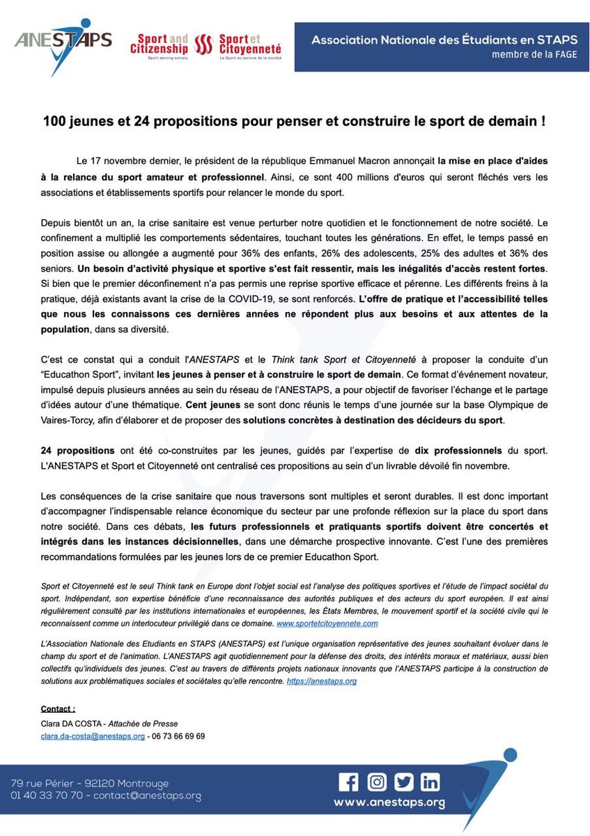 ANESTAPS's tweet photo. [ 💡 EDUCATHON ] 

L’accessibilité et l’offre sont les deux freins liés à la pratique sportive 🏊‍♀️, ainsi, la COVID-19 ❌ a renforcé des inégalités déjà existantes. 

📣 Les jeunes sont les premiers touchés par ce constat! https://t.co/5rBNieJfkY