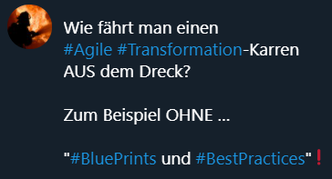 AgileFirefight's tweet photo. Wie fährt man einen
#Agile #Transformation-Karren
AUS dem Dreck?
Zum Beispiel OHNE …
"#BluePrints und #BestPractices"❗
Seit Jahren ungläubiger #CEO gerade mal wieder an der #AgileFirefighting Hotline…
Katzen sollen ja 7 Leben (Versuche) haben😸
#LifeOfAnAgileFirefighter https://t.co/8YAdHMISBw