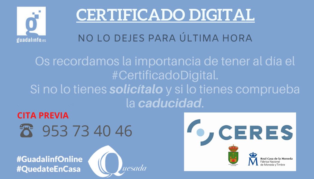 📌Es importante tener los "papeles en orden" 𝗻𝗼 𝗱𝗲𝗷𝗲𝘀 𝗽𝗮𝗿𝗮 𝘂́𝗹𝘁𝗶𝗺𝗮 𝗵𝗼𝗿𝗮 𝘁𝘂 #𝗖𝗲𝗿𝘁𝗶𝗳𝗶𝗰𝗮𝗱𝗼𝗗𝗶𝗴𝗶𝘁𝗮𝗹.
✅ Si ya lo tienes, comprueba la caducidad.
✅ Si NO lo tienes, solicítalo.
✅ Pide cita para el registro. 
#GuadalinfOnline <a href="/AytoQuesada/">Ayuntamiento de Quesada</a>