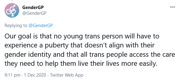 2/2 "Our goal is that no young trans person will have to experience a puberty that doesn’t align with their gender identity". Hmm, doesn't sound like the risks are given much weight then, does it.