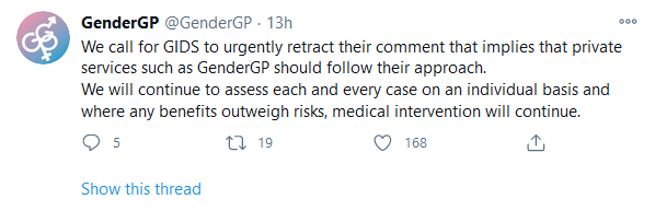 Gender GP are outraged by the GIDS statement that yesterday's judgement applies to all PB/CSH treatment administered to under 16s in England & Wales. They say it doesn't apply to them, and they only treat where "benefits outweigh risks" in any case. This is followed by: 1/2