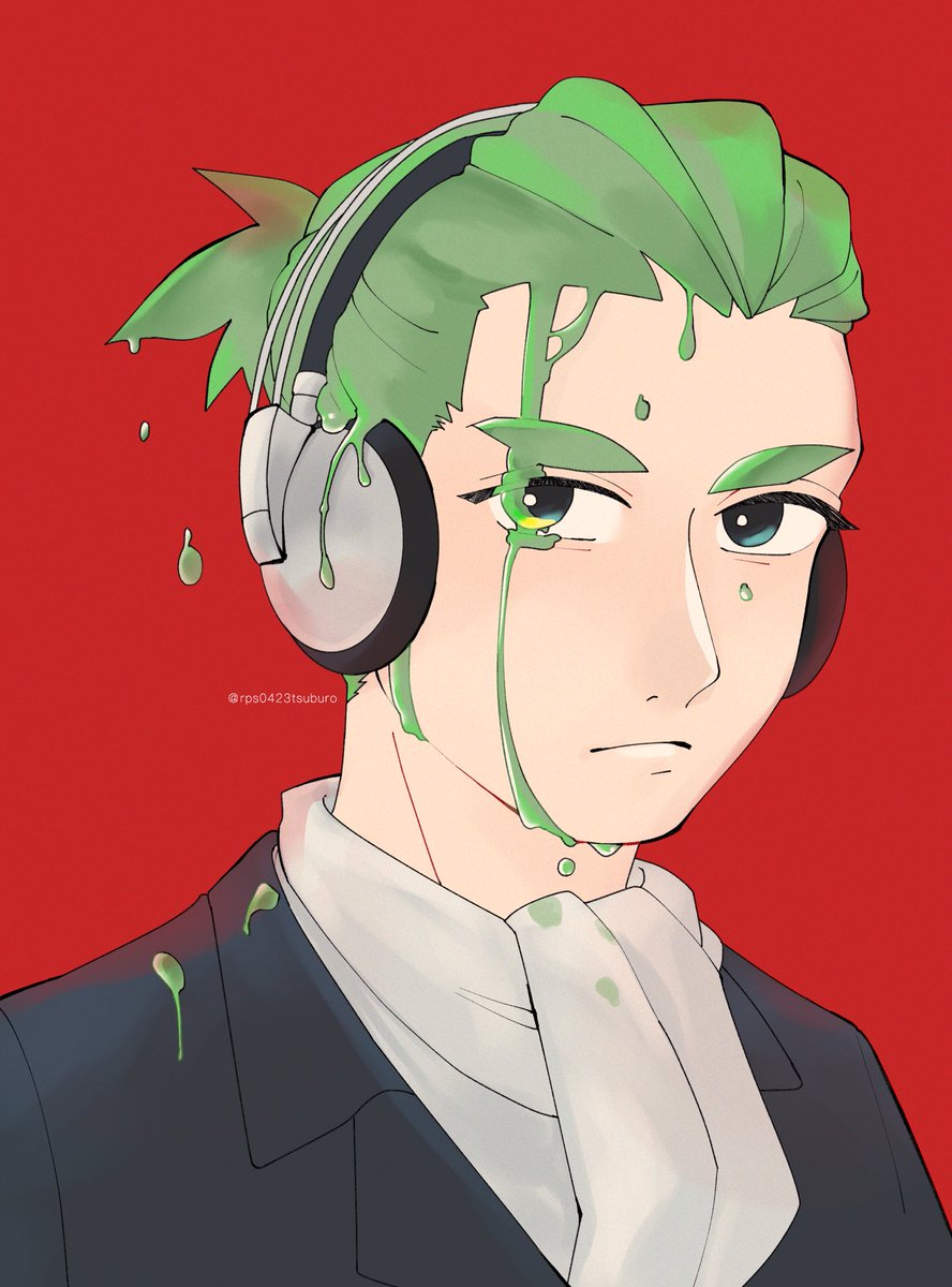 1boy male focus green hair solo red background headphones short hair  illustration images